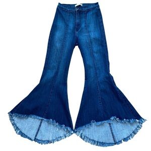 Vibrant Miu Blue Flare Wide Leg Jeans with Raw Hem